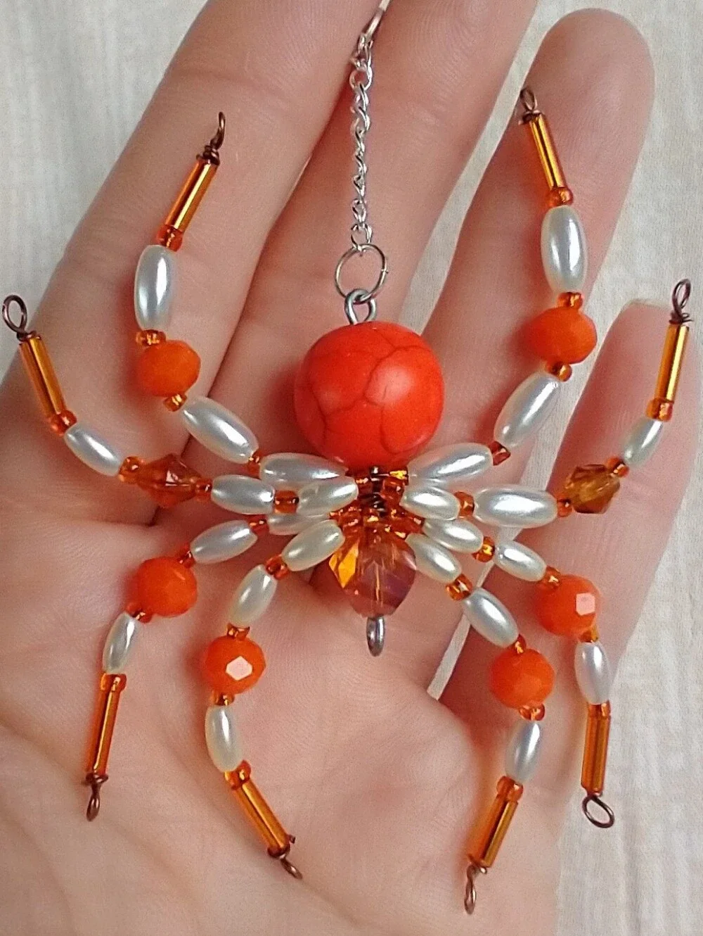 Handmade Orange & White Beaded Spider Pendant